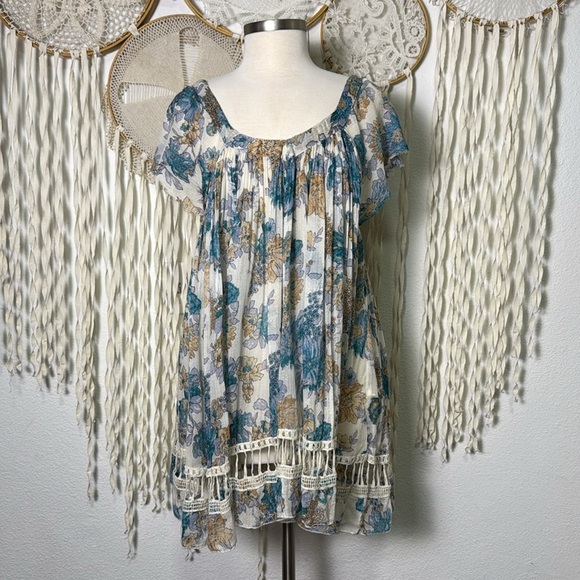 Free People One Teal Blue and Tan Floral Gauze Mini Dress Tunic Size Large - Picture 1 of 10